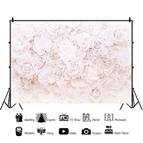 AOFOTO 10x6.5ft White Flowers Wall Backdrop Elegant Roses Romantic Wedding Bridal Shower Photography Background Baby Shower Party Valentines Mother's Day Photo Banner Studio Props Wallpaper - size: 10x6.5ft