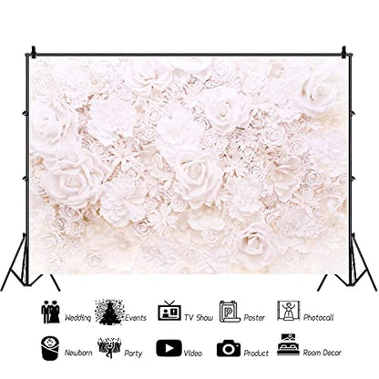 AOFOTO 15x10ft White Flowers Wall Backdrop Elegant Roses Romantic Wedding Bridal Shower Photography Background Baby Shower Party Valentines Mother's Day Photo Banner Studio Props Wallpaper - size: 15x10ft