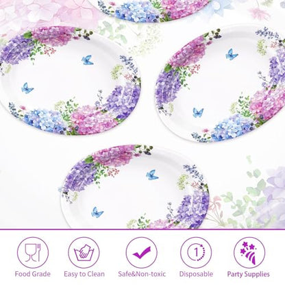 50Pcs Hydrangea Flowers Oval Paper Plates Large 10"x12" Blue Purple Pink Hydrangea Floral Plates Disposable Heavy Duty Flower Plates for Spring Wedding Bridal Baby Shower Decoration Tea Party Supplies - style: 50Pcs Hydrangea Oval Plates