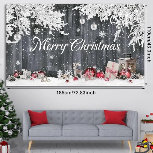 Christmas Wood Photography Backdrop Merry Christmas Santa Claus Gifts Background Rustic Barn Snowflakes Photo Background for Winter Holiday Home Decor Xmas Party Photography Props, 73 x 43 Inches