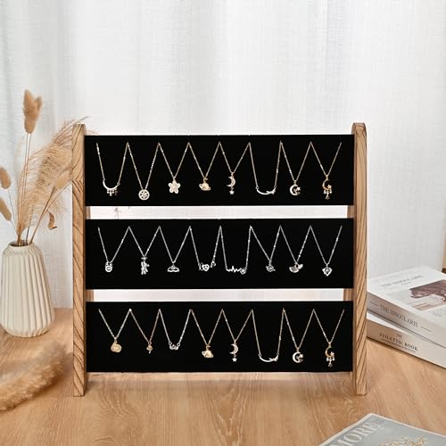 Necklace Holder 3 Tier Wooden Necklace Organizer Stand with Velvet, Necklace Display Stand for Selling,Chain Necklace Holder Rack for Show, 72 Necklaces Bracelets - style: One-Sided Black