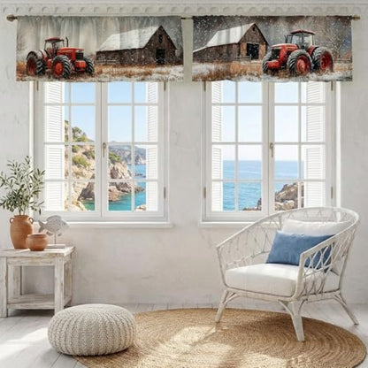Tractor Barn Curtain, Two-Pack, Red Winter Farm Snow Rustic,Applicable to Bathroom, Bedroom, 54x18 inches. - color: Tractor Barn