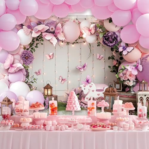 Girl Birthday Backdrop 7Wx5H Feet Purple Pink Floral Balloons Butterfly Princess Sweet Birthday Party Photography Background Bday Party Decorations Photo Booth Studio Prop Fabric - color: Pink Purple Birthday02, size: 7Wx5H