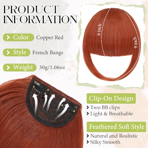 Bangs Hair Clip in Bangs, French Copper Red Fake Bangs Hair Clip on Bangs for Women Fringe with Temples Hairpieces Faux Bangs for Daily Wear - color: Copper Red