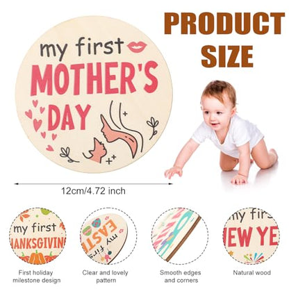 7pcs My First Holiday Baby Milestones Cards, My 1st Signs of 14 Holidays Wooden Circles New Baby Sign Double Sided Baby Discs Announcement Newborn Photo Props for Baby Shower Party Supplies Gift
