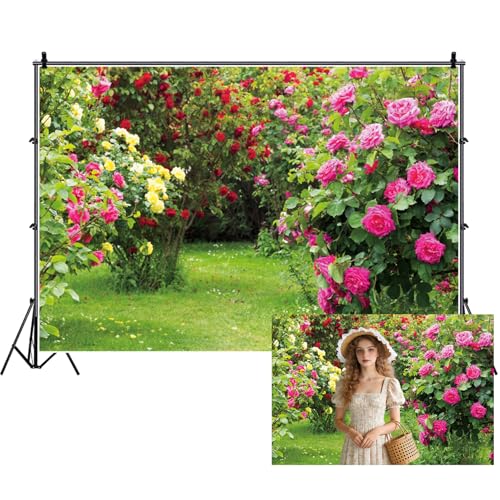 Renaiss 7x5ft Garden Floral Backdrop Red Pink Rose Flower Park Green Leaf Grass Natural Landscape Plant Photography Background for Wedding Bridal Shower Party Decor Photo Booth Props - color: WSNBK34253, size: 7x5ft