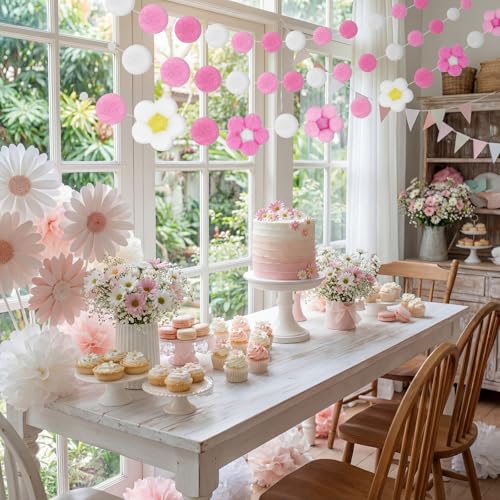 Tatuo 3 Pcs Spring 3D Pompom Ball Garland Pastel Daisy Sunflower Garlands Felt Floral Banner Hanging Flower Pastel Decor for Easter Holiday Birthday Party Boho Home Prop Photo(Floral,Pink) - color: Pink, style: Floral