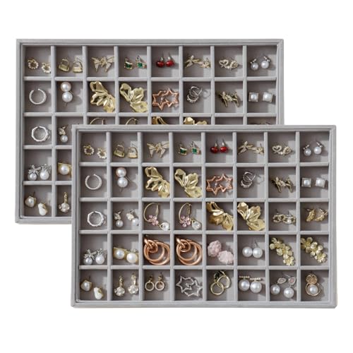Large Velvet Jewelry Tray 2 Pack Stackable Jewelry Display Drawer Inserts Trays Organizer for Earring Bracelet Necklace Ring (Gray, 40 Grids) - color: Gray, size: 40 Grids