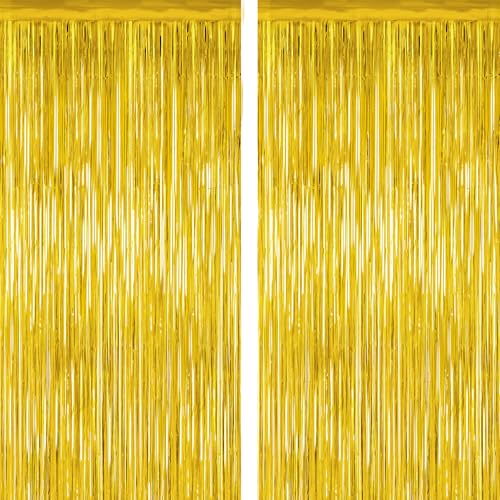 2 Pack Gold Tinsel Backdrop, 3.28 FT x 7.05 FT Metallic Fringe Curtain, Gold Color Graduation Backdrop Party Streamers, Party Supplies Door Decorations for Birthday Anniversaries - color: Gold, size: 2 PCS