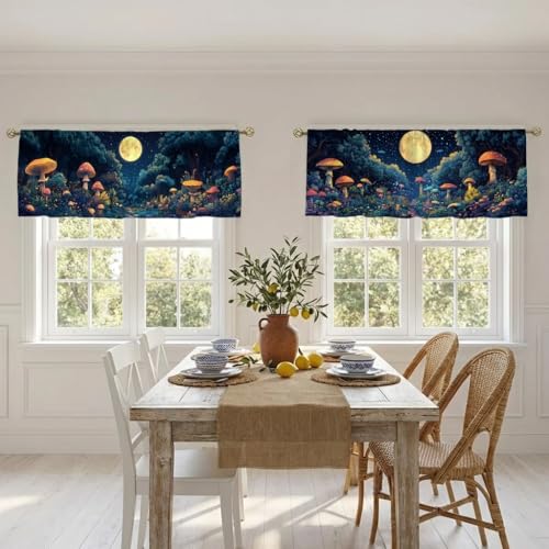 Mushroom Forest Curtain, Two-Pack, Enchanted Night Fantasy Moon,Applicable to Bathroom, Bedroom, 54x18 inches. - color: Mushroom Forest