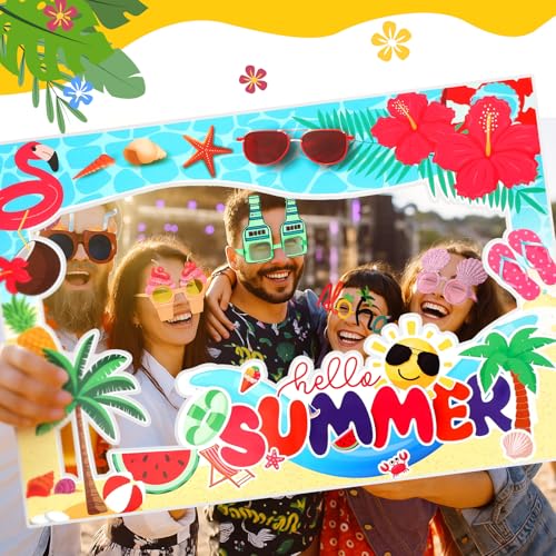 Relaxweex 13 Pcs Luau Photo Booth Props Hawaiian Party Decorations, 12 Pairs Beach Themed Funny Summer Glasses, 1 PC Summer Photo Frame, Tropical Party Supplies Favors (Beach Frame) - style: Beach Frame