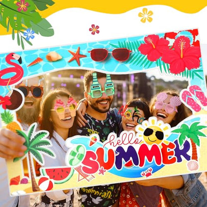 Relaxweex 13 Pcs Luau Photo Booth Props Hawaiian Party Decorations, 12 Pairs Beach Themed Funny Summer Glasses, 1 PC Summer Photo Frame, Tropical Party Supplies Favors (Beach Frame) - style: Beach Frame