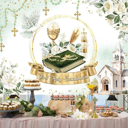 AIBIIN 7x5ft First Holy Communion Backdrop Greenery Mi Primera Comunion Photography Background Baptism Christening God Bless Mi Bautizo Party Decorations Banner Photo Props - size: 7x5ft
