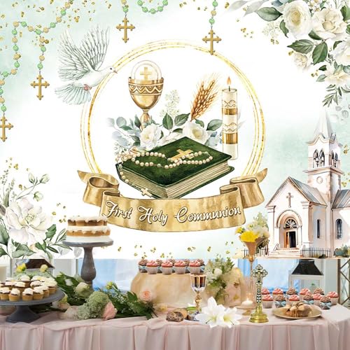 AIBIIN 8x6ft First Holy Communion Backdrop Greenery Mi Primera Comunion Photography Background Baptism Christening God Bless Mi Bautizo Party Decorations Banner Photo Props - size: 8x6ft