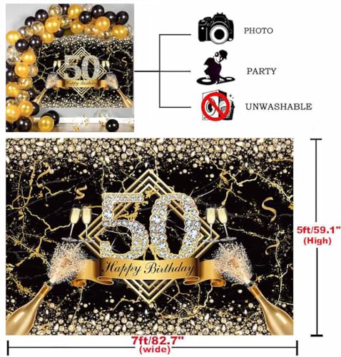 Sensfun Happy 50th Birthday Backdrop for Women Black Gold 50th Birthday Decorations Marble Texture Glitter Diamonds Fabulous 50 Years Old Photography Background Supplies Photo Props 7x5ft - size: 7x5ft
