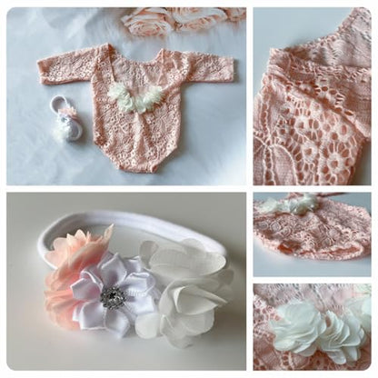Newborn Photography Outfits, Cute Baby Lace Ribbon Rompers with Headband for Infant Photography Props - color: Light Pink