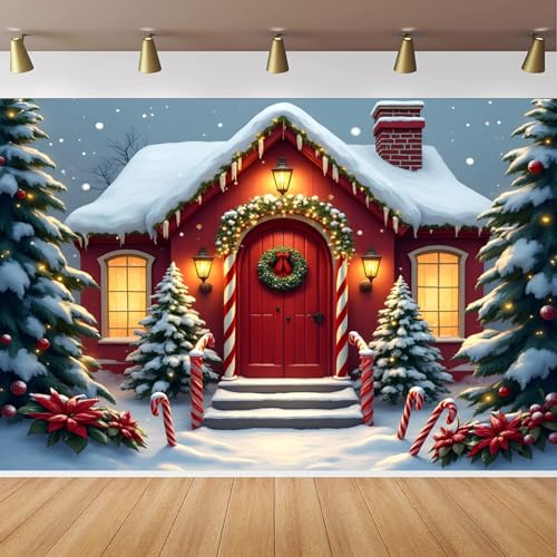 Christmas Candy House Backdrop 7x5FT Merry Xmas Tree Winter Snow Scene Snowflakes Background for New Year Eve Party Decorations Kids Birthday Snow Tree House Decorations Banner - color: Christmas Candy House Backdrop