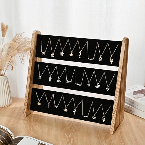 Necklace Holder 3 Tier Wooden Necklace Organizer Stand with Velvet, Necklace Display Stand for Selling,Chain Necklace Holder Rack for Show, 72 Necklaces Bracelets - style: One-Sided Black