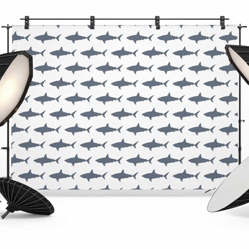 Sharks Backdrop for Photography, Cartoon Animals Texture Modern Style Photo Backdrop Portrait Background Party Banner Photo Backgrounds for Studio Booth Props, 7x5ft - color: Mist Blue White, size: 7x5FT