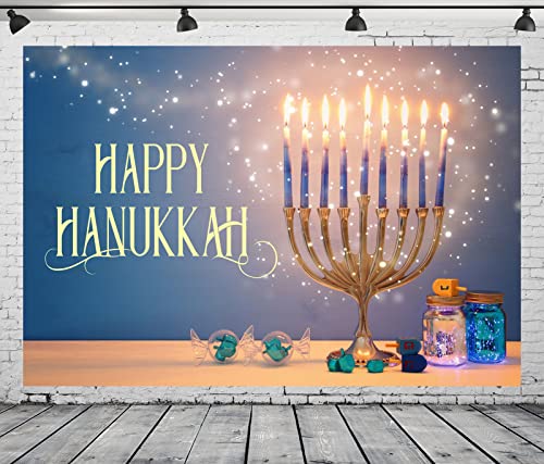 BELECO 10x6.5ft Fabric Happy Hanukkah Photography Backdrop Menorah Glitter Bokeh Lights Gyro Chanukah Holiday Decorations Banner Background Jewish Holy Festival Israel Party Supplies Studio Photo Prop - size: 10x6.5FT