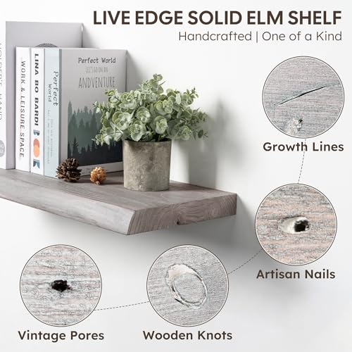 Live Edge Floating Shelves Set of 2, 24 Inch Solid Elm Wood Wall Shelves - Invisible Bracket Mount for Living Room, Bedroom, Kitchen, Bathroom | Weathered Gray - color: Driftwood Gray, size: 24"L, 2-Pack