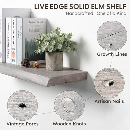 Live Edge Floating Shelves Set of 2, 24 Inch Solid Elm Wood Wall Shelves - Invisible Bracket Mount for Living Room, Bedroom, Kitchen, Bathroom | Weathered Gray - color: Driftwood Gray, size: 24"L, 2-Pack