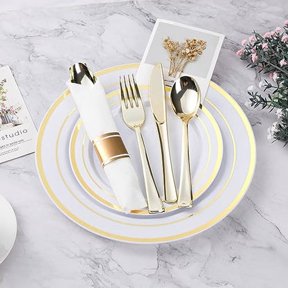 BESTVIP 100 Pack Pre Rolled Gold Plastic Silverware Set, Disposable Wrapped Cutlery Set with 100 Napkins, 100 Knives, 100 Forks and 100 Spoons for Party, Birthday - color: Gold