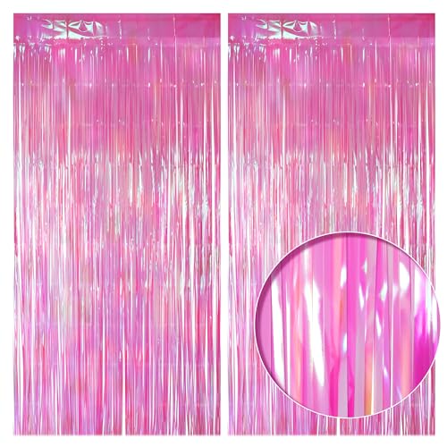 2 Pack Hot Pink Iridescent Streamers Backdrop, 3.3x6.6ft Foil Fringe Curtains Holographic Door Tinsel Streamers Photo Booth Prop for Birthday, Wedding, Holiday, Bachelorette, Theme Party Decorations - color: Hot Pink, size: 2 Pack