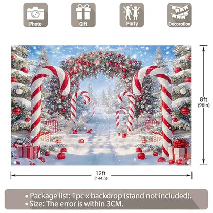 Fabric 12x8ft Merry Christmas Cane Candy Photography Backdrop Winter Snow Scene Xmas Tree Background New Year Eve Party Decoration Holiday Photo Banner Props - size: 12'X8'