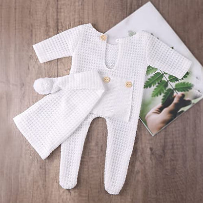 Newborn Baby Photo Shoot Props Girl Boy Crochet Knit Hat Costume Stripe Hat Pants Overalls Photography Props - color: Off-white