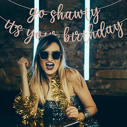 Go Shawty It's Your Birthday Banner, Hip Hop Birthday Party Decorations Supplies, Rap Theme Bday Bunting Sign, Pre-strung, Photo Props (Rose Gold) - color: Rose Gold