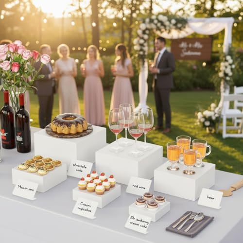Blosssound 8 Pieces White Acrylic Risers with 8 Signage 2 Markers, 3-10 Inch Cube Nesting Risers Display Stands with Hollow Bottoms for Buffet Table Catering Dessert Food Collectibles Show