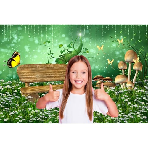 Wonderland Garden Backdrop Enchanted Fairy Green Meadow Scenery Photography Background Fantasy White Flowers Misty Foggy Evening Backdrop Spring Mushroom Butterfly Background Cake Table Props 5x3ft - color: Green White, size: 5x3ft