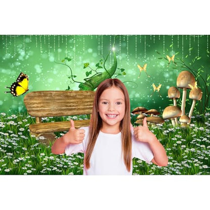 Wonderland Garden Backdrop Enchanted Fairy Green Meadow Scenery Photography Background Fantasy White Flowers Misty Foggy Evening Backdrop Spring Mushroom Butterfly Background Cake Table Props 5x3ft - color: Green White, size: 5x3ft