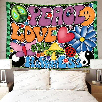 F-FUN SOUL Peace Love and Happiness Tapestry, 60x60inches Soft Flannel, Mushroom Psychedelic Tapestries 70s Theme Tapestry Wall Hanging for Bedroom Living Room Decor GTZYFS1337 - size: 60.6"L x 60.6"W