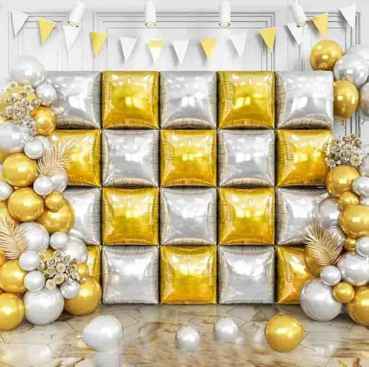 Gold Silver Square Foil Balloons Wall, Double Sided Magenta Mylar Balloons Backdrop Helium Mylar Balloo Kit for Anniversary, 2025 Graduation,Wedding, Birthday Party Decorations 25PCS - color: Gold Silver-25