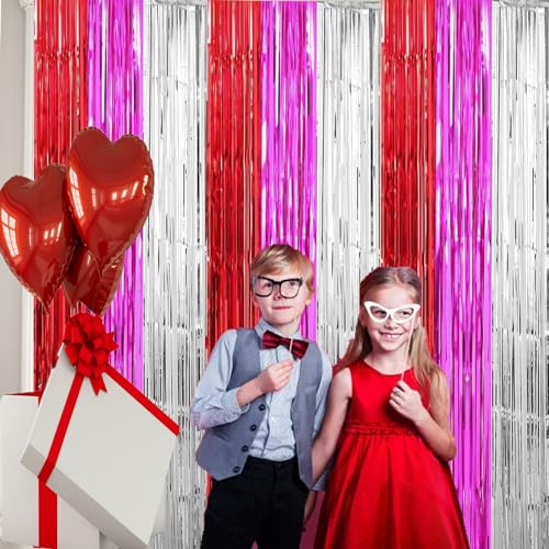 Valentine's Day Photo Booth Props Valentines Party Decorations Red Hot Pink Sliver Foil Fringe Curtain Photo Backdrop for Valentines Day Bridal Shower Pink Birthday 21st Decor 3 Pack,9.9x19.8ft