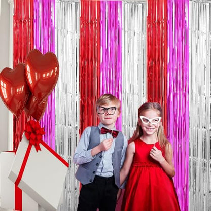 Valentine's Day Photo Booth Props Valentines Party Decorations Red Hot Pink Sliver Foil Fringe Curtain Photo Backdrop for Valentines Day Bridal Shower Pink Birthday 21st Decor 3 Pack,9.9x19.8ft