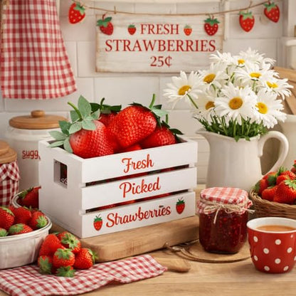 Maitys Strawberry Table Decor, Rustic Summer Tiered Tray Decor Mini Wooden Crate with 8 Fake Strawberry, Farmhouse Table Centerpiece Berry Decoration for Kitchen Mantel Shelf, Baby Shower Party Supply