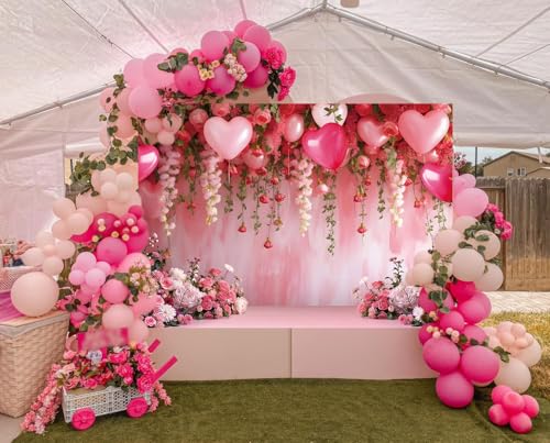 Flowers Wall Backdrop Pink Flowers Love Heart Balloons Romantic Photography Background Wedding Anniversary Birthday Valentines Party Decorations Banner Supplies (7x5FT) - size: 7x5FT