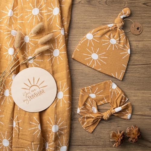 Miaoberry 100% Organic Sunshine Baby Muslin Swaddle Blankets for Boy or Girl with Hat and Wooden Hello World Newborn Sign, Gender Neutral Newborn Photography Outfits, Unisex Birth Announcement Sign - color: Sunrays Mustard