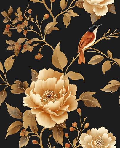 Laatse Vintage Floral Bird Wallpaper Peel and Stick Boho Wallpaper 17.5in x118in Black/Golden Floral Wall Mural Waterproof Self-Adhesive Modern Wall Paper for Bedroom Kitchen Cabinet Drawer Decor - color: Black and Gold Bird, size: 17.5" x 118"