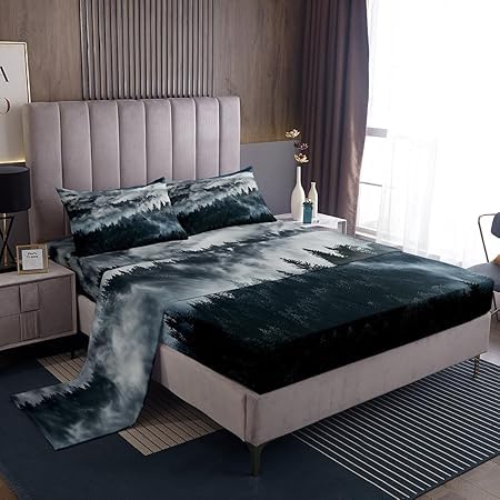Smoky Mountain Bed Sheets Pineforest Sheet Set Queen Grey Trees Natural Scenery Art Bed Sheet Mountain with Firforest and Arrow Folk Style Retro Print Decorative Bedding Sheets & Pillowcases,Soft - color: Multi 04, size: Queen
