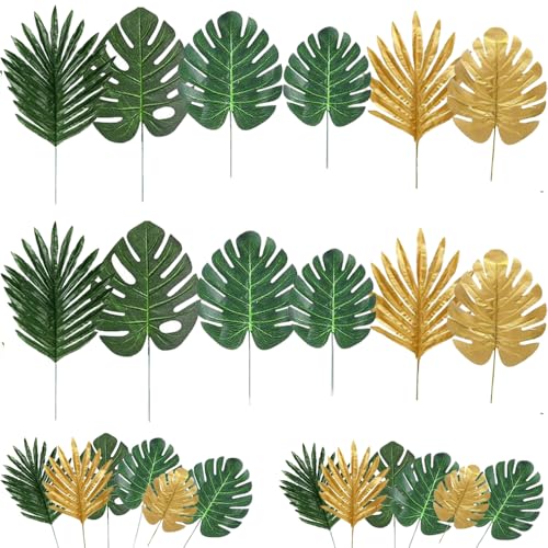 50Pieces 6Kinds Artificial Tropical Palm Leaves with Stems Golden Faux Plant Leaves for Easter Hawaiian Luau Jungle Beach Safari Jungle Wedding Birthday Party Theme Table Decorations - color: 50pcs Stemmed