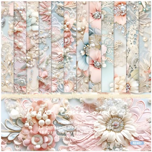 Scrapbook Paper 6x6, 24 Sheets Vintage Scrapbooking Floral Single-Side Card Stock Paper Pack for Art Album Junk Journal CardMaking Decorative Scrapbook Supplies - color: Pearl Embroidery