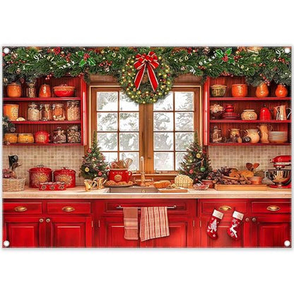 Fabric 7x5ft Christmas Kitchen Photography Backdrop Cabinets Window Winter Snow Scene Background Xmas Family Party Decoration New Year Photo Banner Props - size: 7'x5'