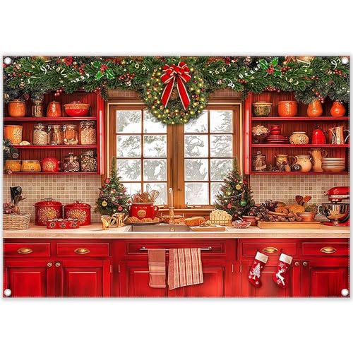 Fabric 7x5ft Christmas Kitchen Photography Backdrop Cabinets Window Winter Snow Scene Background Xmas Family Party Decoration New Year Photo Banner Props - size: 7'x5'