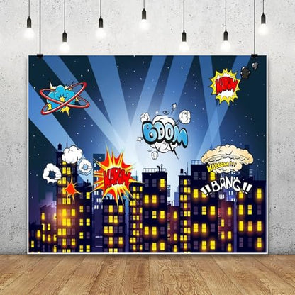 12x10ft Superhero Super City Photography Backdrops Cartoon Skyline Buildings City Boom Photo Backdrop Decorations Children Boys Birthday Party Cake Table Banner Background Studio Booth - size: 12X10FT