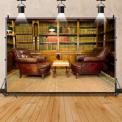 AOFOTO 7x5ft Vintage Luxury Study Bookshelf Backdrop Photography Home Office Two Sofa Business Conversation Room Bookcase Retro Style Shelves Bookrack Background for Videos YouTube Photos Prop Vinyl - size: 7x5ft