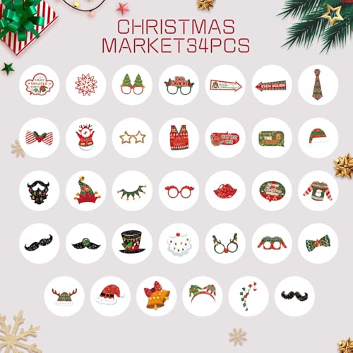 Ugly Christmas Sweater Party Props,34 Pcs Ugly Sweater Photo Booth Props for Christmas Party Decorations,Holiday Party Props for Photography Supplies,Selfie Props Xmas - size: 34